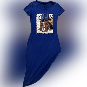 “Blessed” Asymmetrical Hem Blue Dress Embellished Pop Art Fashion